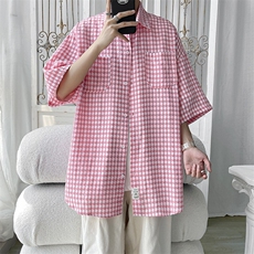 2026夏宽松潮男休闲五分袖衬衫半袖格子衬衣C900/P35粉色，男装衬衫，电商A094