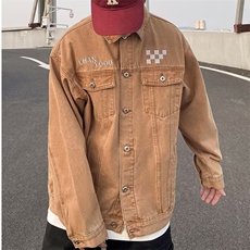 高端牛仔外套男春秋格子拼色宽松韩版百搭翻领工装夹克休闲潮流男，男装工装外套，星座1210-1