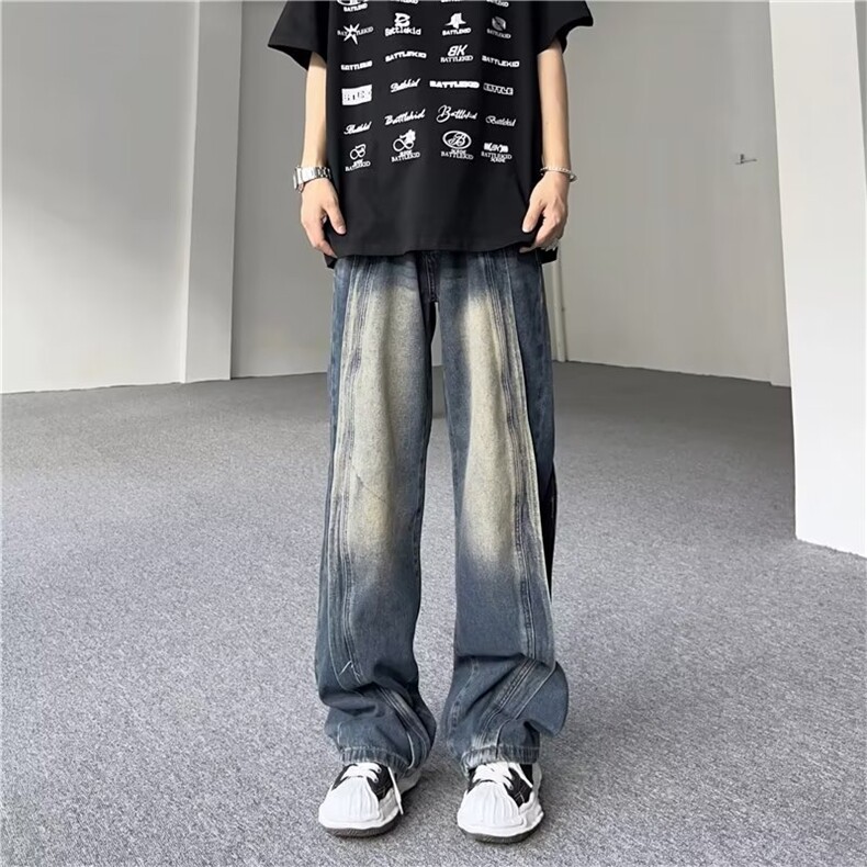 美式复古高级感拼接牛仔裤男宽松设计小众高街阔腿垂感直筒裤长裤,男装牛仔裤,星座716-2
