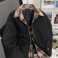 假两件棉服外套男士韩版潮流拼接格子2024冬季ins棉衣MF331-P90，男装棉衣，星座412-2
