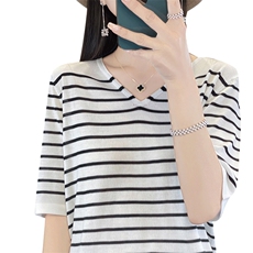 洋气减龄V领冰丝条纹针织短袖T恤女宽松休闲薄款小衫显瘦撞色上衣，女装T恤，秋虹羊绒