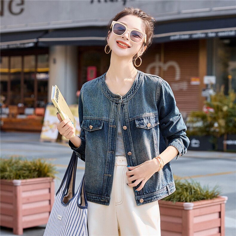 复古百搭圆领牛仔外套女短款2025秋季新款宽松休闲超好看夹克上衣,女装短外套,英标秀（1C119）