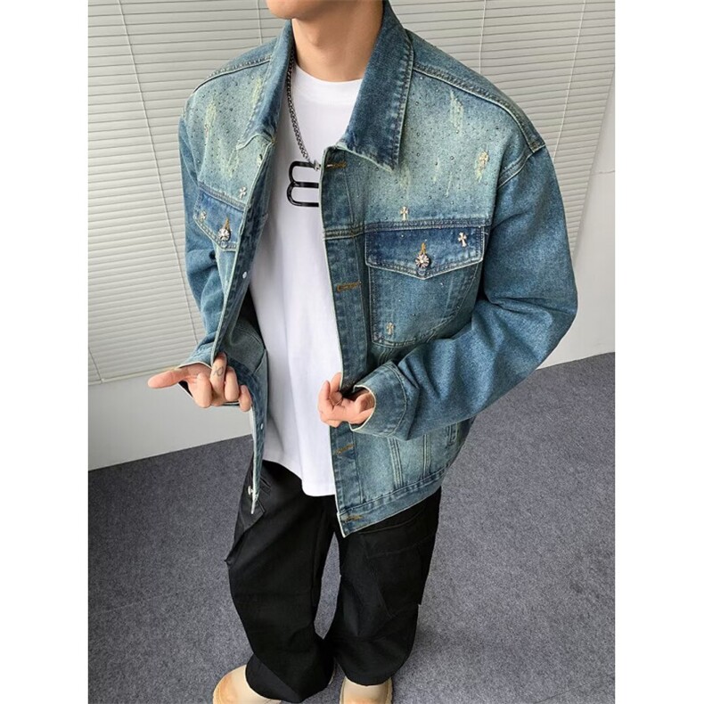 欧洲站牛仔外套男潮牌高端秋季款修身帅气印花黑色男士夹克上衣潮,男装工装外套,星座506A