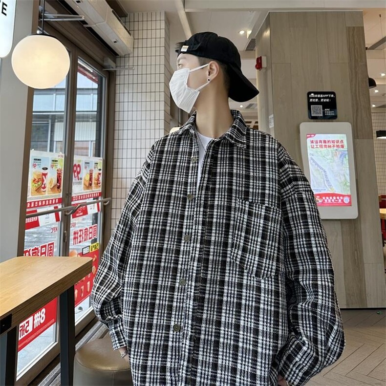 24秋冬日系潮牌加厚格子衬衫复古长袖衬衣外套中性风H223/P50,男装衬衫,钱塘713