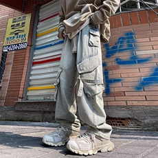 多口袋工装牛仔裤男春秋冬加绒宽松直筒阔腿男生长裤子AM9958P62，男装牛仔裤，星座1013-5