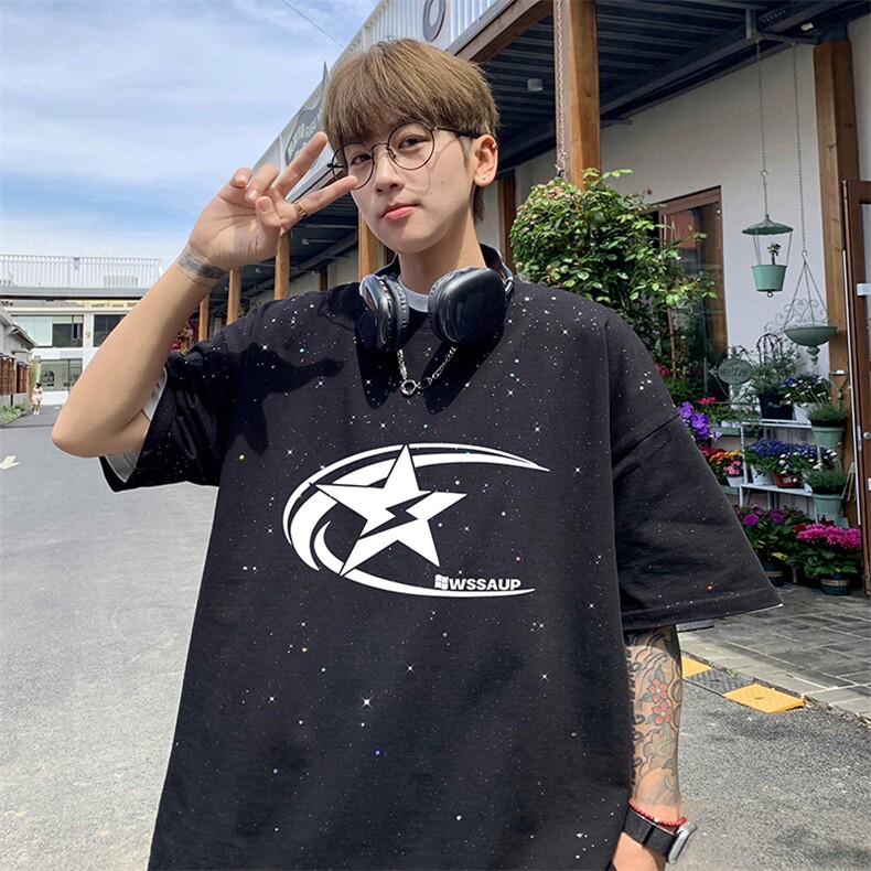 量大优供抖音视频支持得物配合二开美式满天星亮片短袖T恤MTX296,男装T恤,电商A486