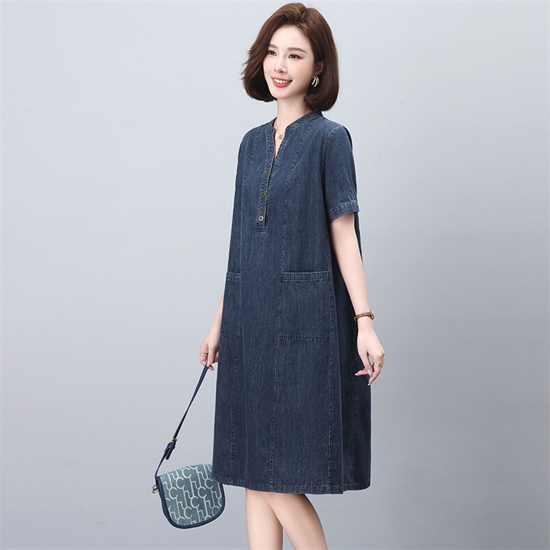 复古薄款短袖牛仔连衣裙女2025夏季新款宽松显瘦遮肉休闲直筒裙子,女装连衣裙,文熹诺