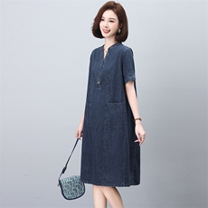 复古薄款短袖牛仔连衣裙女2025夏季新款宽松显瘦遮肉休闲直筒裙子，女装连衣裙，文熹诺