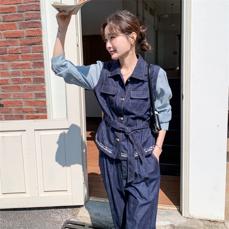 新品621-P195-K318牛仔套装上衣假2件套,女装套装/套裙,2C275