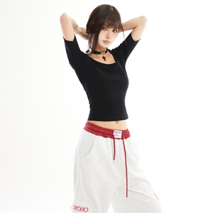 美式复古风U型领短袖上衣女2026年新款辣妹修身收腰T恤YD270-P30图片