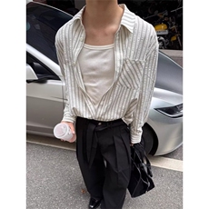 美式潮牌高街复古泡泡纱竖条纹日系肌理长袖衬衫男女休闲宽松衬衣，男装衬衫，电商A486