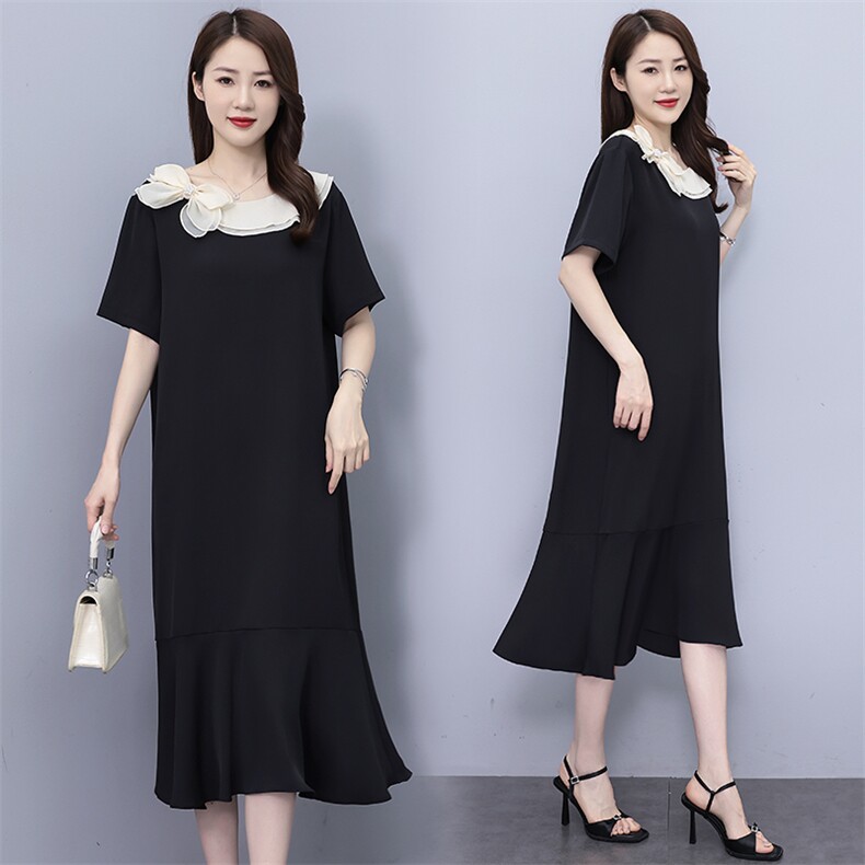2024夏季新款优雅气质圆领短袖中长款大码连衣裙时尚显瘦修身设计，女装连衣裙，深妍伊美