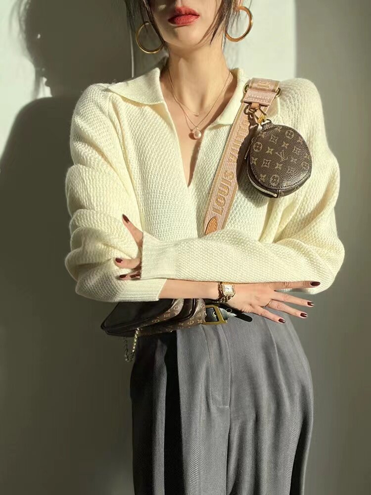复古POLO领套头女休闲显瘦翻领毛衣秋冬内搭打底,针织衫/毛衣,半城羊绒