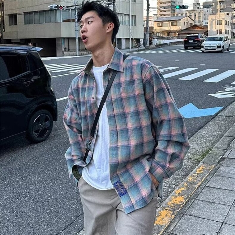 春秋季韩系长袖格子衬衫男款撞色衬衣潮CS9013-P43图片