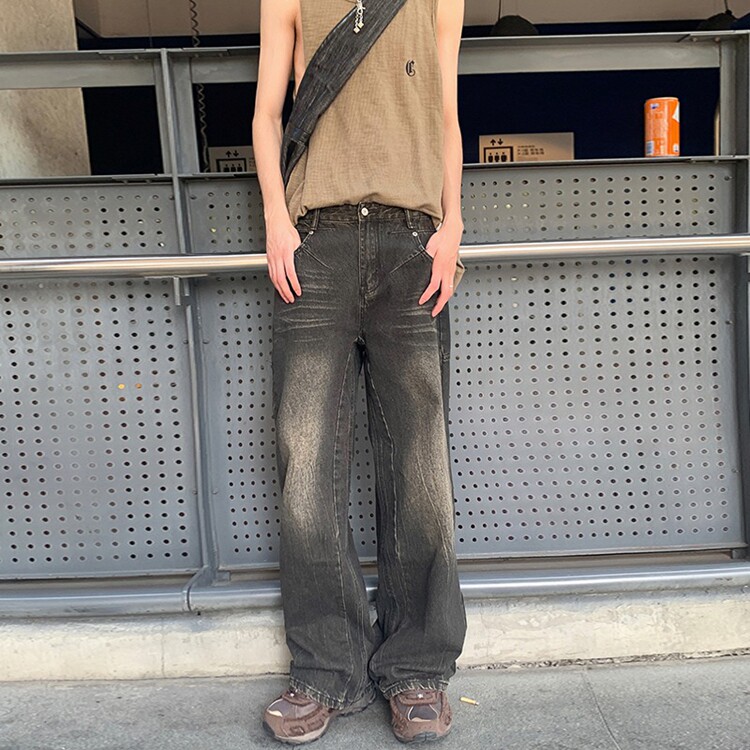 美式复古扎染cleanfit做旧破坏猫须百搭阔腿牛仔裤男女慵懒秋冬,男装牛仔裤,星座218-8
