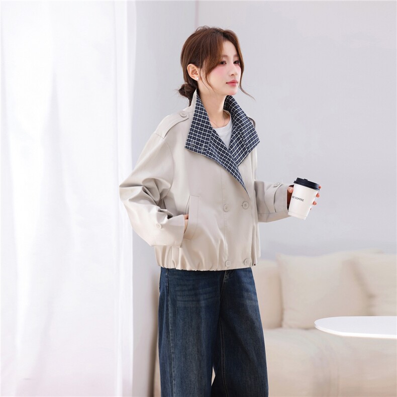 拼接撞色短风衣外套女2026新款，禁止低价,女装风衣,鑫源服饰