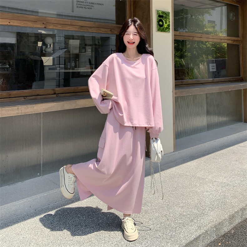 休闲减龄穿搭粉色卫衣套装女春秋2025超火好看高级感半身裙两件套,女装套装/套裙,2C007
