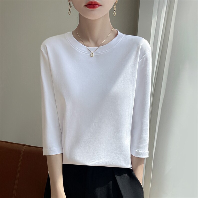 2025新款圆领冰爽棉七分袖T恤女春夏气质休闲棉线打底衫内搭上衣，女装针织衫/毛衣，长今羊
