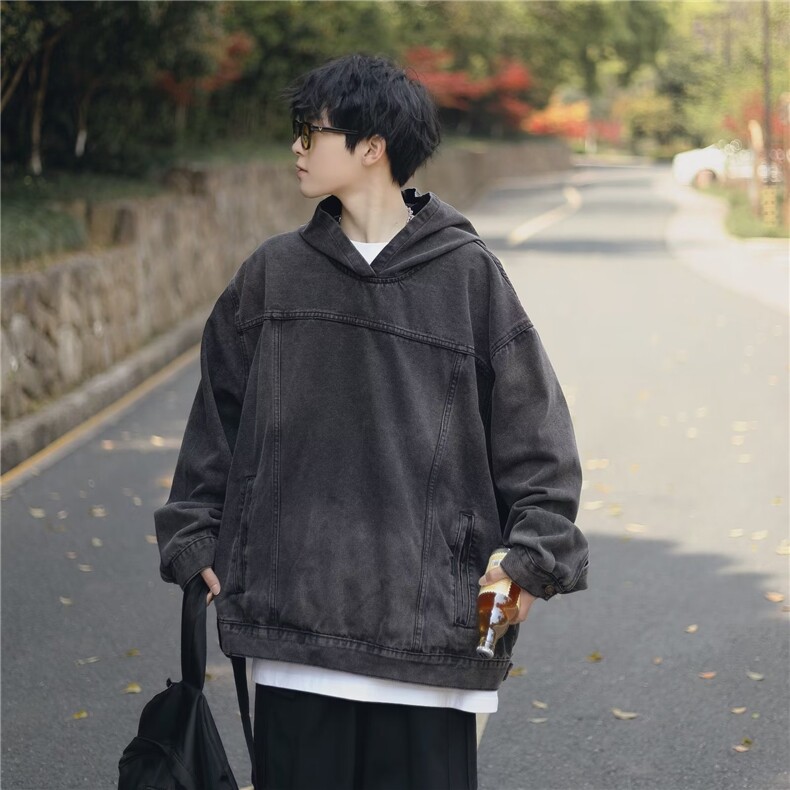 港风复古牛仔卫衣外套男连帽秋潮牌日系宽松夹克上衣服W4996-P65,男装大码男装,星座412-2