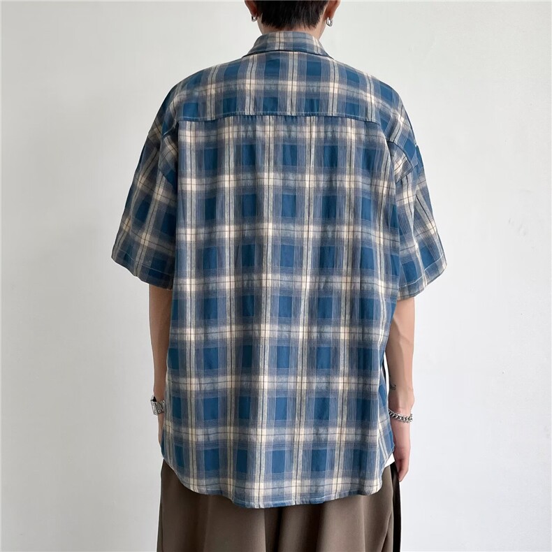 日系复古夏季新款格子衬衣宽松撞色男女半袖衬衫上衣CS010-P45,男装衬衫,星座308B-2