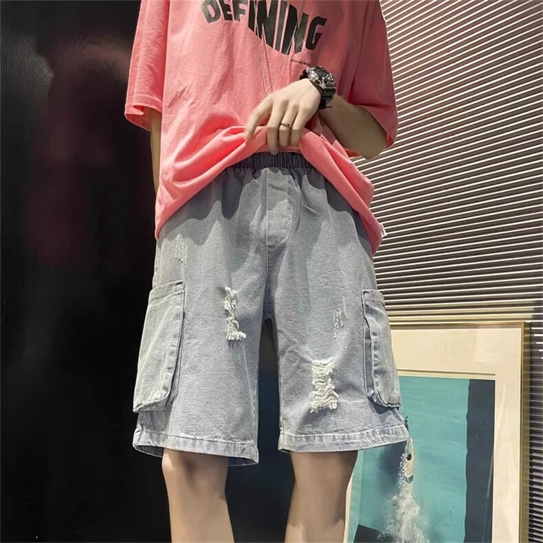 破洞牛仔短裤男潮牌宽松百搭工装裤夏季ins休闲港风五分裤XXD30，男装牛仔裤，星座208-5