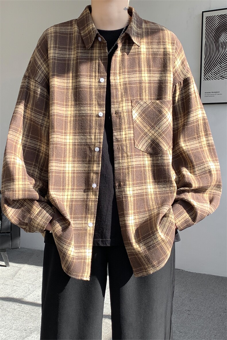 加绒衬衫男冬季新款港风宽松磨毛格子长袖衬衣JR01-特P35,男装衬衫,星座214-3
