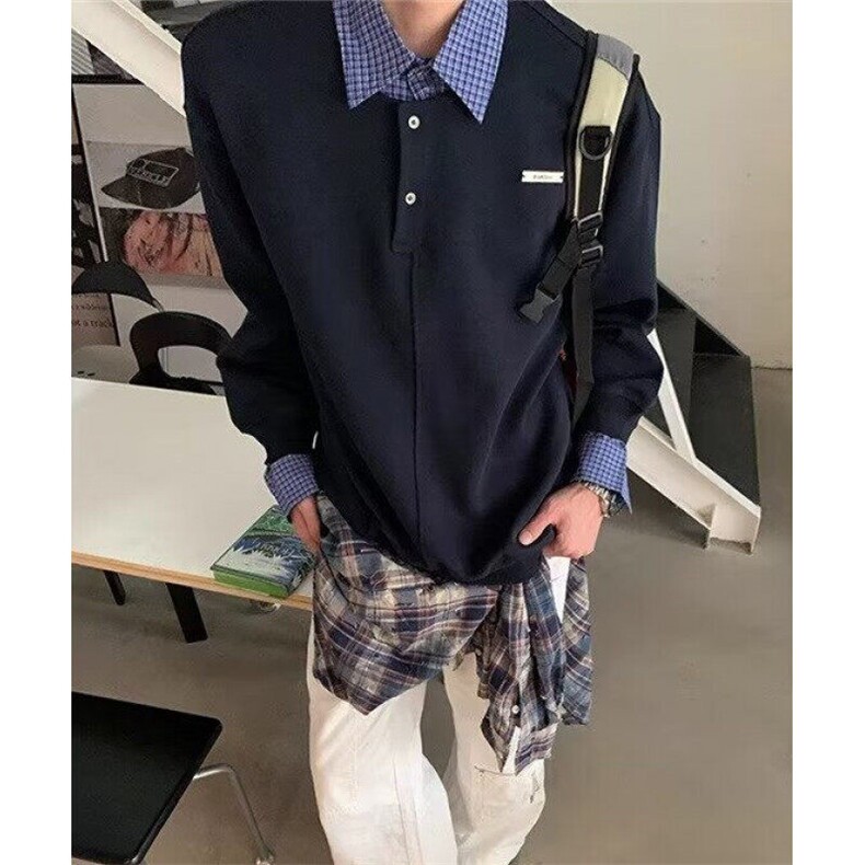 春秋小众设计感格子翻领拼接假两件POLO衫男宽松长袖上衣 W07图片