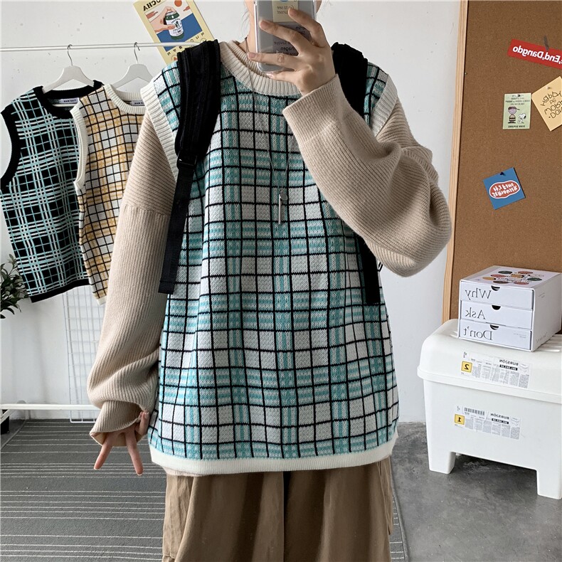 秋冬学院风小清新格子外搭毛衣背心男女宽松韩版打底衫T801图片
