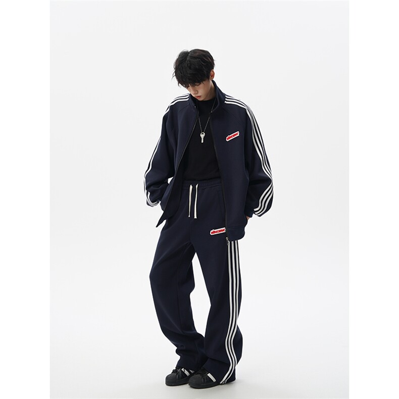 8XL-M条纹撞色开衫新年红卫衣运动套装潮牌运动服校园风TZ114P118,男装休闲套装,电商D206-1