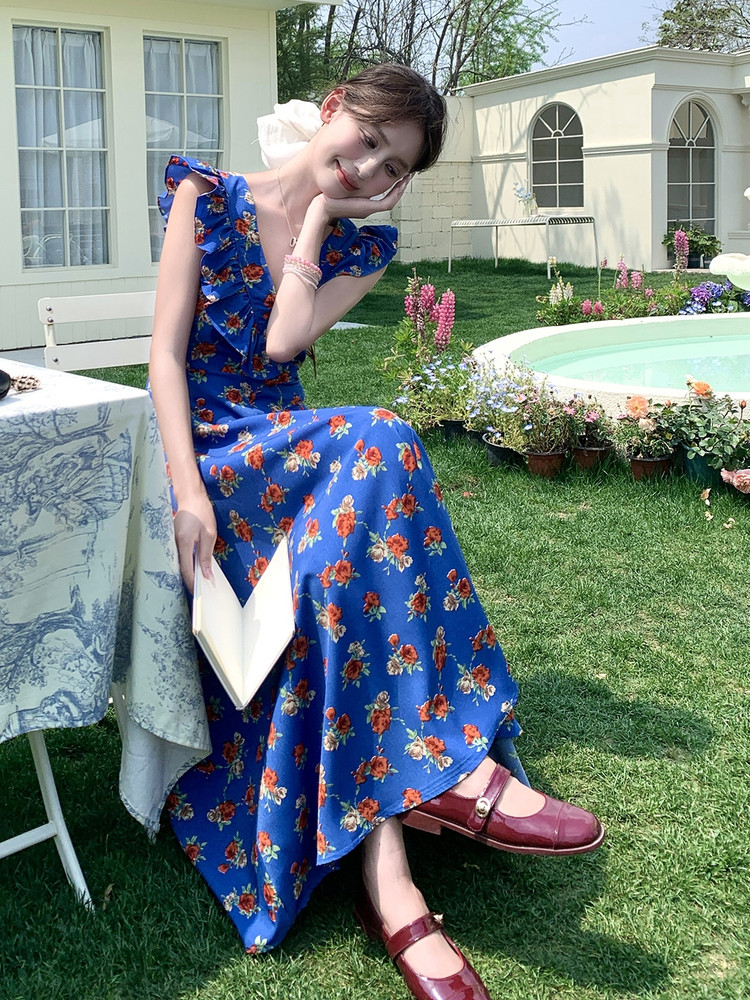 时髦前后两穿碎花小飞袖连衣裙女2025夏季休闲蓝色荷叶边拼接长裙,女装连衣裙,千寻