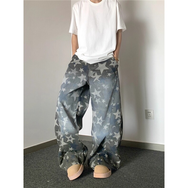 美式复古时尚小众印花水洗迷彩牛仔裤直筒裤男士裤子B181,男装牛仔裤,星座516A