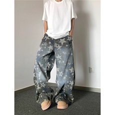 美式复古时尚小众印花水洗迷彩牛仔裤直筒裤男士裤子B181，男装牛仔裤，星座516A