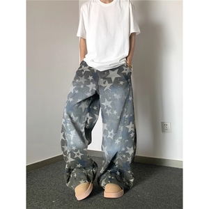 美式复古时尚小众印花水洗迷彩牛仔裤直筒裤男士裤子B181图片