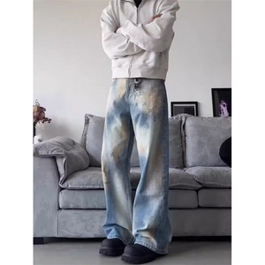 美式扎染蓝色牛仔裤男款高级感阔腿裤子宽松直U筒不贴腿微喇图片