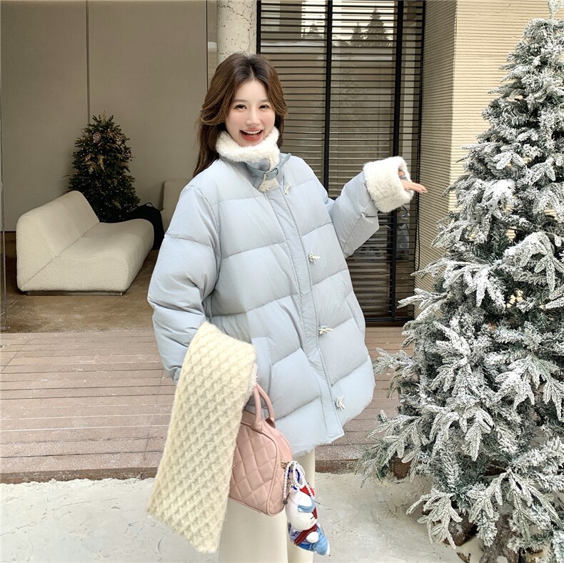 现货！2025冬季毛领拼接蓝色90绒羽绒服2C056-7102-P315控478,女装羽绒服,2C056