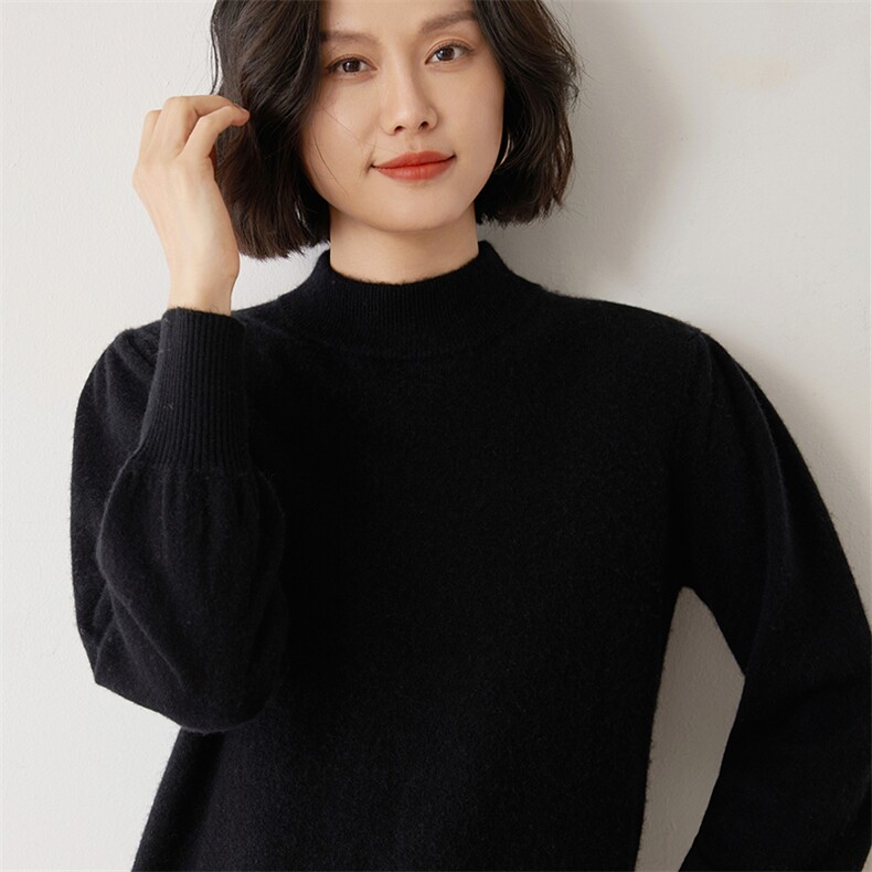 时尚女士羊绒衫30%羊绒纯色简约中领保暖显瘦高品质针织毛衣,女装羊绒衫,雪山红莲