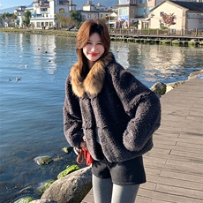 时髦复古大毛领保暖羊羔毛外套冬新款流行洋气短款皮毛一体，女装皮草，纯色衣恋