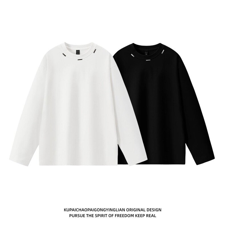 W64-P50【305G重磅】高品质小众金属设计感男女潮牌圆领长袖上衣,女装T恤,电商B245A