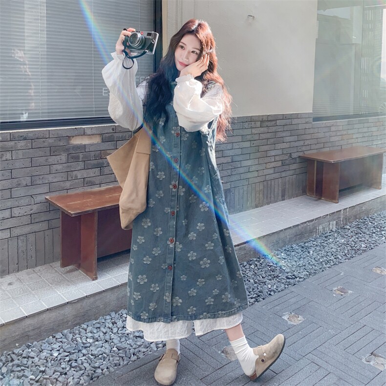 新品重工水洗刺绣牛仔面料叠穿2件套装5601-P185-K298长袖,女装连衣裙,2C275