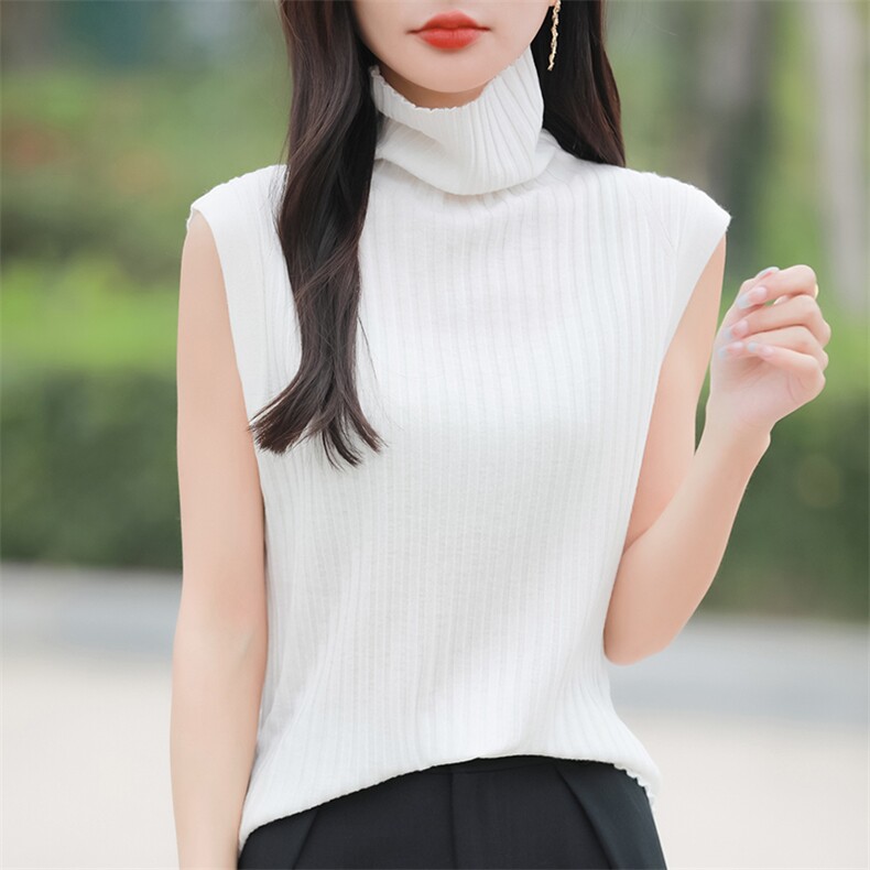 简约纯色坑条堆堆领针织马甲背心女早春时尚洋气内搭无袖坎肩上衣图片