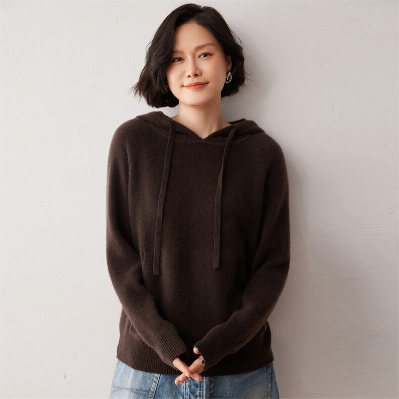 秋冬新款洋气时尚百搭显瘦女款35%山羊绒帽衫,女装羊绒衫,艾巧羊绒
