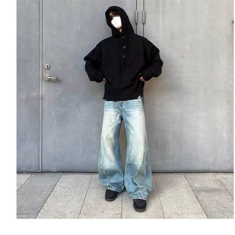 蓝色阔腿牛仔裤男2024新款垂感显高弯刀裤设计休闲长裤潮,男装牛仔裤,星座506A