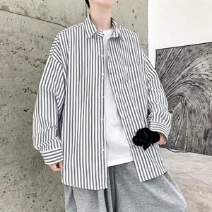 长袖条纹衬衫男港风日系外套K1817P30图片