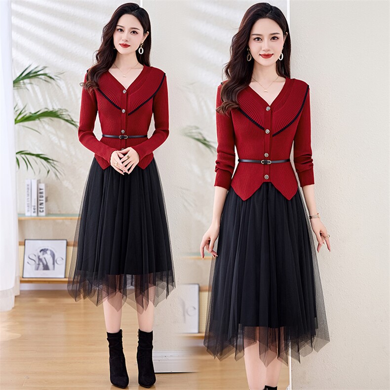 2024秋装新款时尚简约气质淑女风网纱两件套，女装套装/套裙，魅丽静蓝