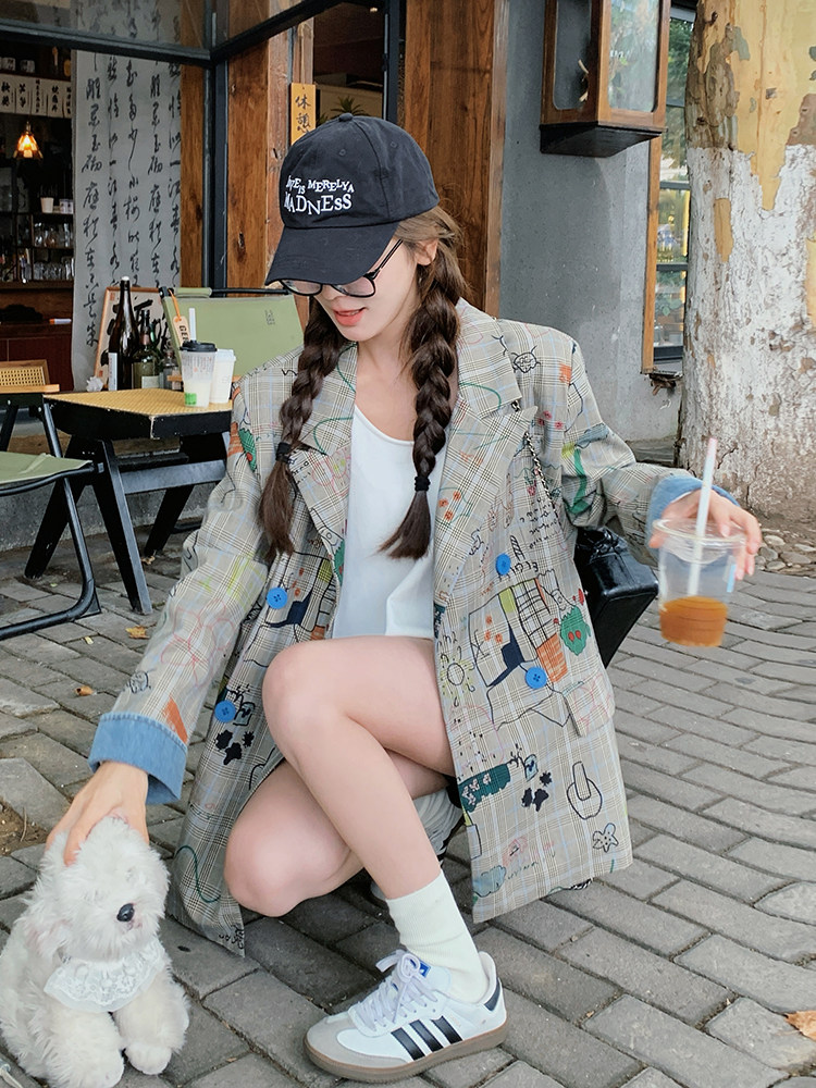 独特超好看涂鸦西装外套女春秋2025新款设计感小众休闲学院风西服,女装西装,浙宝192（原082）