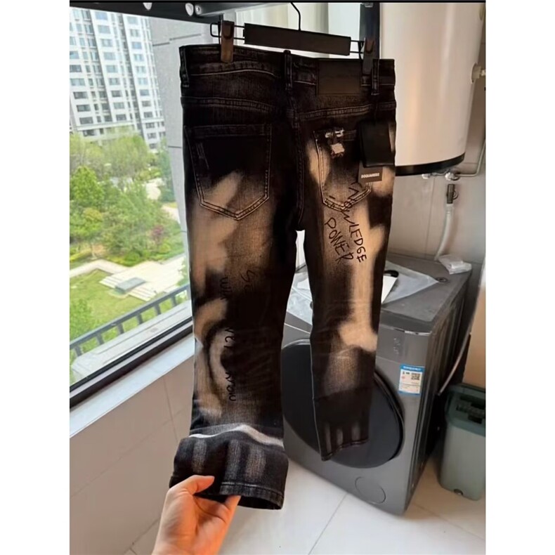 欧美潮牌秋季新款男士黑灰色涂鸦破洞牛仔裤男弹力修身小脚裤,男装牛仔裤,星座506A