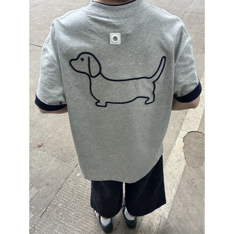 H0986-P35订标+刺绣+胶章螺纹领包边拉肩休闲宽松短袖T恤，女装T恤，星座617A-2