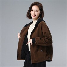 2021年冬季拼接连帽加绒外套宽松文艺开衫长袖，女装卫衣/绒衫，叶笙衣