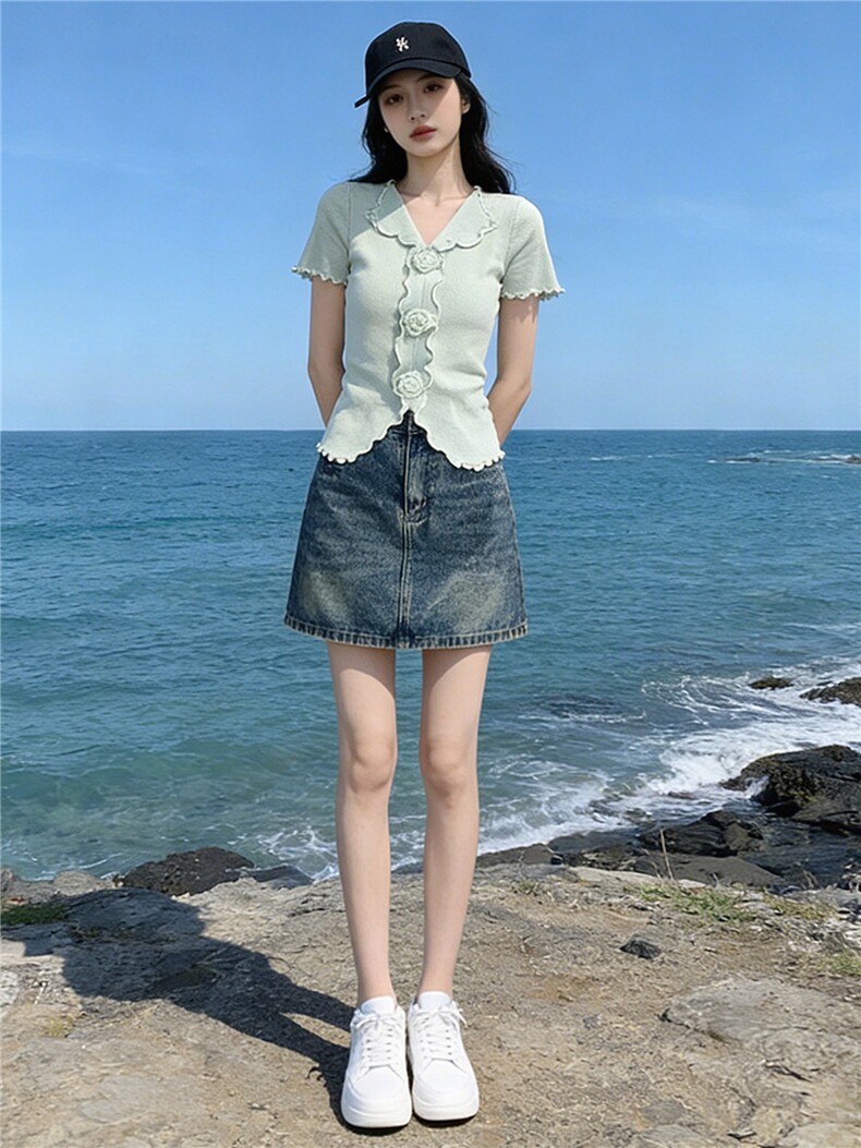 高级感时尚气质女夏新款套装立体花朵短袖上衣显瘦牛仔短裙两件套,女装套装/套裙,江南