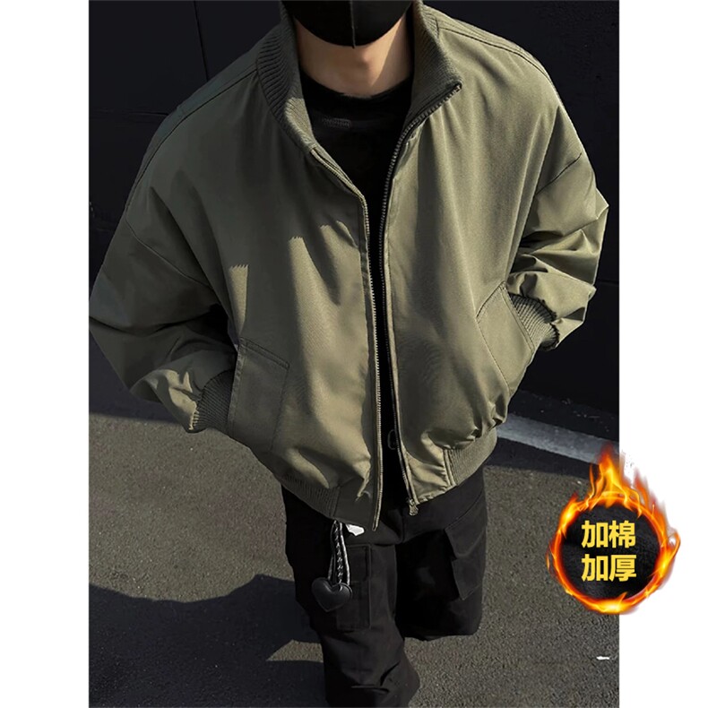 抖音得物美式潮休闲夹克春季立领纯色复古工装加厚棉服外套MF01，男装夹克，电商A443